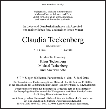 Traueranzeige von Claudia Teckenberg von Siegener Zeitung