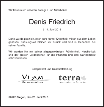 Traueranzeige von Denis Friedrich von Siegener Zeitung