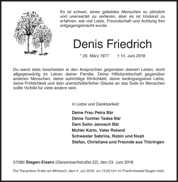 Traueranzeige von Denis Friedrich von Siegener Zeitung