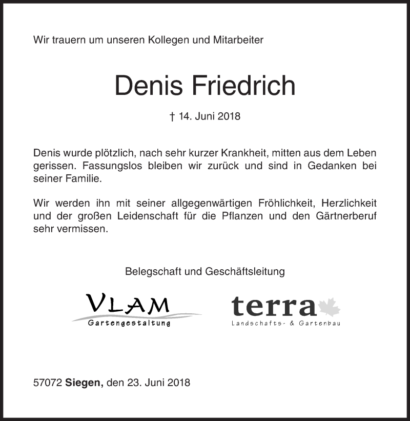  Traueranzeige für Denis Friedrich vom 23.06.2018 aus Siegener Zeitung