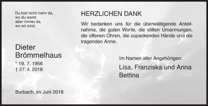  Traueranzeige für Dieter Brömmelhaus vom 09.06.2018 aus Siegener Zeitung