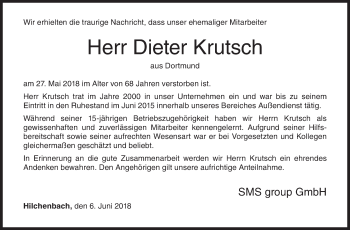 Traueranzeige von Dieter Krutsch von Siegener Zeitung