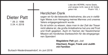 Traueranzeige von Dieter Patt von Siegener Zeitung