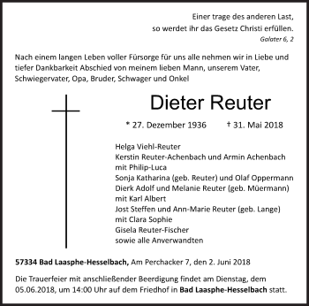 Traueranzeige von Dieter Reuter von Siegener Zeitung