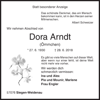 Traueranzeige von Dora Arndt von Siegener Zeitung