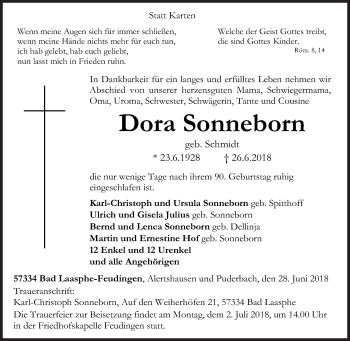 Traueranzeige von Dora Sonneborn von Siegener Zeitung