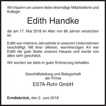 Traueranzeige von Edith Handke von Siegener Zeitung
