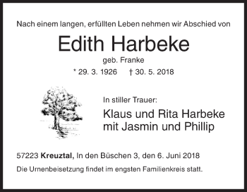 Traueranzeige von Edith Harbeke von Siegener Zeitung