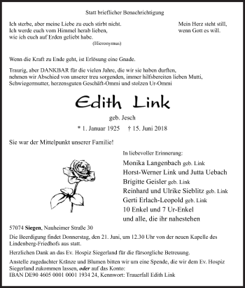Traueranzeige von Edith Link von Siegener Zeitung