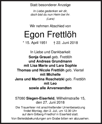 Traueranzeige von Egon Frettlöh von Siegener Zeitung
