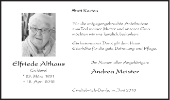Traueranzeige von Elfriede Althaus von Siegener Zeitung