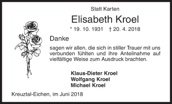 Traueranzeige von Elisabeth Kroel von Siegener Zeitung