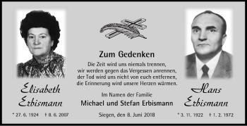 Traueranzeige von Elisabeth und Hans Erbismann von Siegener Zeitung