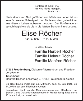 Traueranzeige von Elise Röcher von Siegener Zeitung