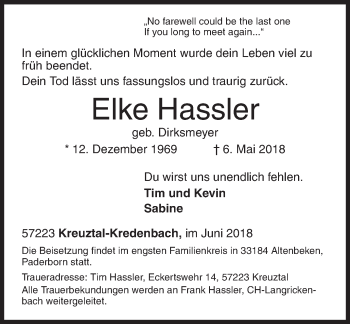 Traueranzeige von Elke Hassler von Siegener Zeitung