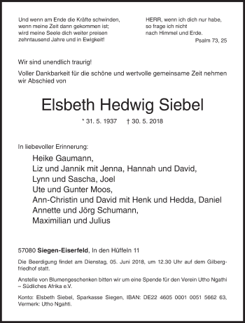 Traueranzeige von Elsbeth Hedwig Siebel von Siegener Zeitung