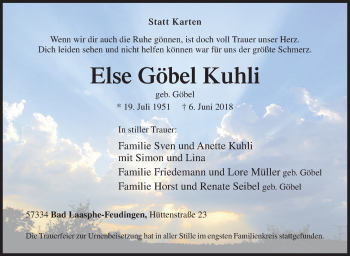 Traueranzeige von Else  Göbel Kuhli von Siegener Zeitung