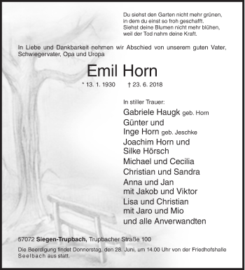 Traueranzeige von Emil Horn von Siegener Zeitung