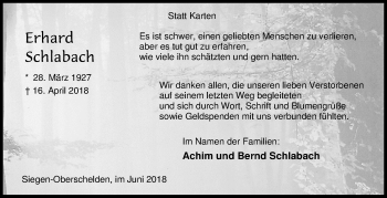 Traueranzeige von Erhard Schlabach von Siegener Zeitung