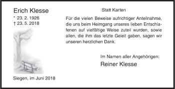 Traueranzeige von Erich Klesse von Siegener Zeitung
