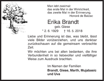 Traueranzeige von Erika Brandt von Siegener Zeitung