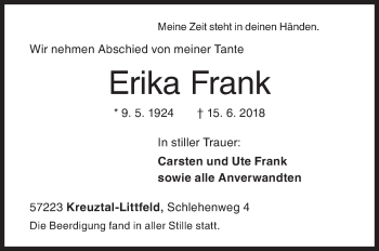 Traueranzeige von Erika Frank von Siegener Zeitung