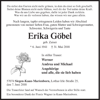 Traueranzeige von Erika Göbel von Siegener Zeitung