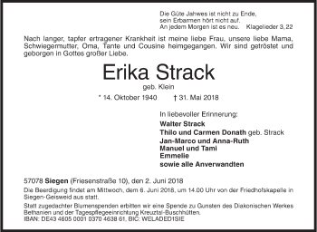 Traueranzeige von Erika Strack von Siegener Zeitung