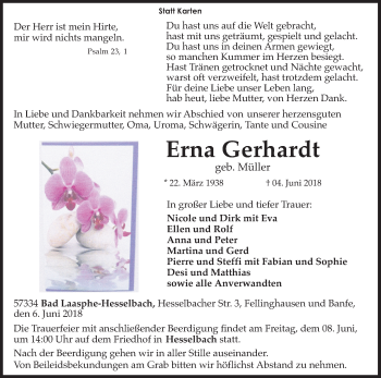 Traueranzeige von Erna Gerhardt von Siegener Zeitung