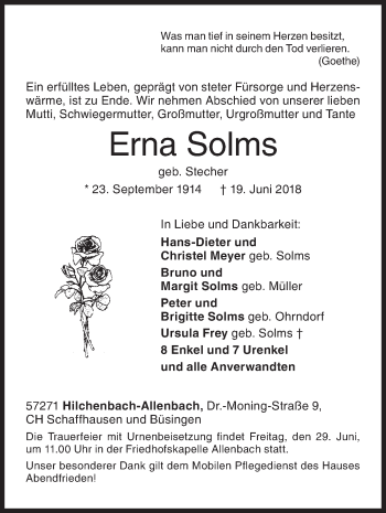 Traueranzeige von Erna Solms von Siegener Zeitung
