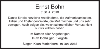 Traueranzeige von Ernst Bohn von Siegener Zeitung