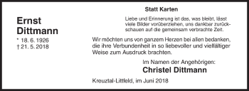 Traueranzeige von Ernst Dittmann von Siegener Zeitung
