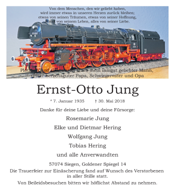 Traueranzeige von Ernst-Otto Jung von Siegener Zeitung