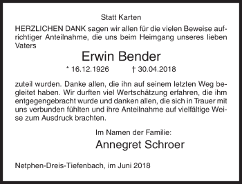 Traueranzeige von Erwin Bender von Siegener Zeitung