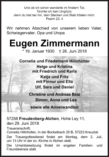 Traueranzeige von Eugen Zimmermann von Siegener Zeitung
