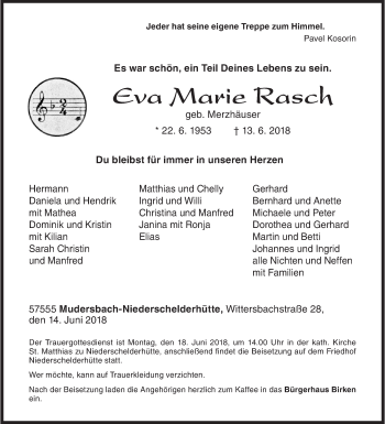 Traueranzeige von Eva Marie Rasch von Siegener Zeitung