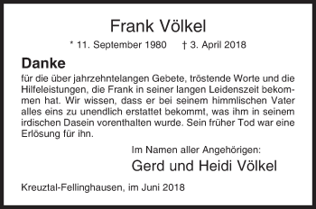 Traueranzeige von Frank Völkel von Siegener Zeitung