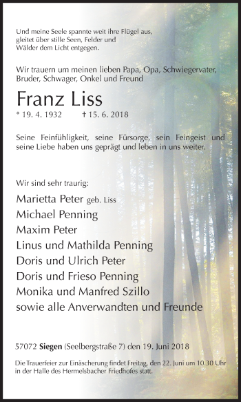 Traueranzeige von Franz Liss von Siegener Zeitung
