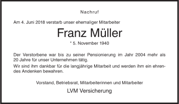 Traueranzeige von Franz Müller von Siegener Zeitung