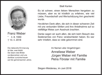 Traueranzeige von Franz Weber von Siegener Zeitung
