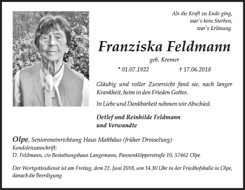 Traueranzeige von Franziska Feldmann von Siegener Zeitung