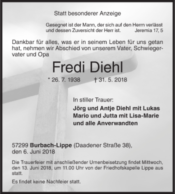 Traueranzeige von Fredi Diehl von Siegener Zeitung