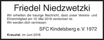 Traueranzeige von Friedel Niedzwetzki von Siegener Zeitung