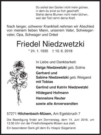 Traueranzeige von Friedel Niedzwetzki von Siegener Zeitung