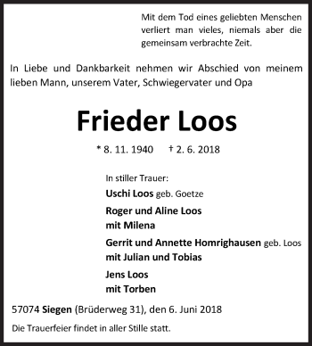 Traueranzeige von Frieder Loos von Siegener Zeitung
