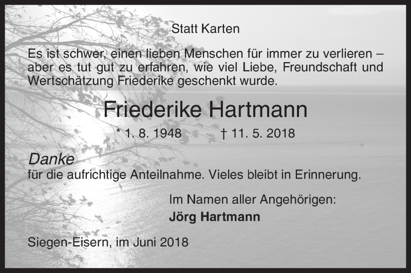  Traueranzeige für Friederike Hartmann vom 09.06.2018 aus Siegener Zeitung