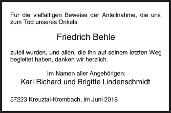 Traueranzeige von Friedrich Behle von Siegener Zeitung
