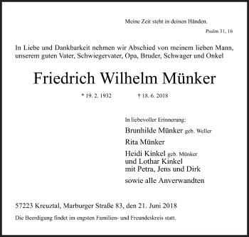 Traueranzeige von Friedrich Wilhelm Münker von Siegener Zeitung