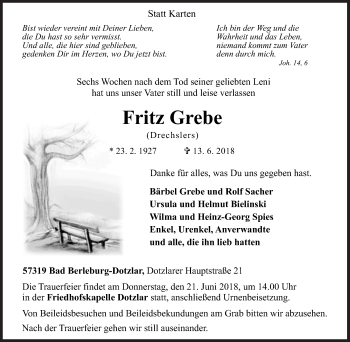 Traueranzeige von Fritz Grebe von Siegener Zeitung