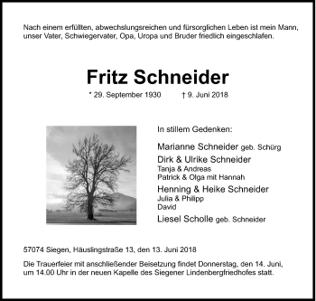 Traueranzeige von Fritz Schneider von Siegener Zeitung